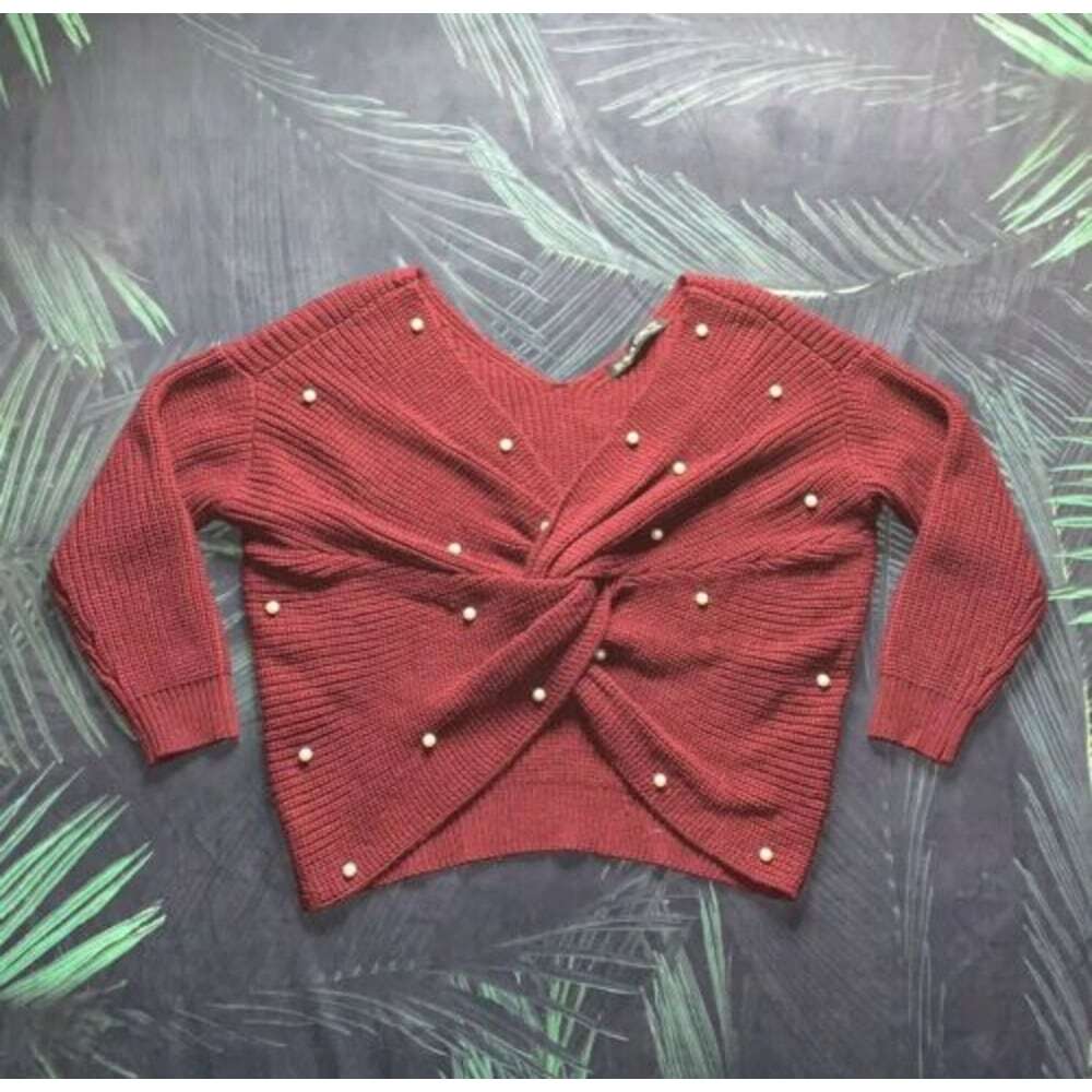 Haute Rogue Pearled Burgundy Knit Sweater S